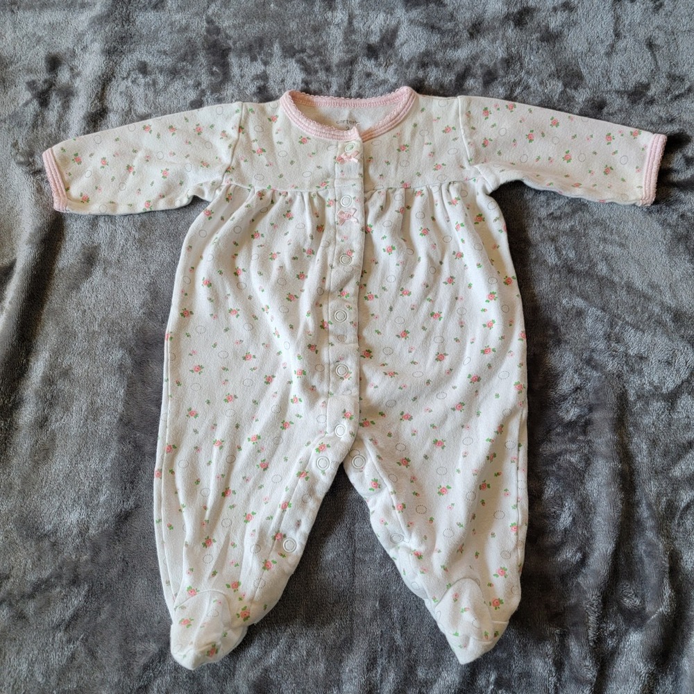 Carter's Footed Sleeper Baby Girl 3M White Pink Floral Excellent Snap Front Bows